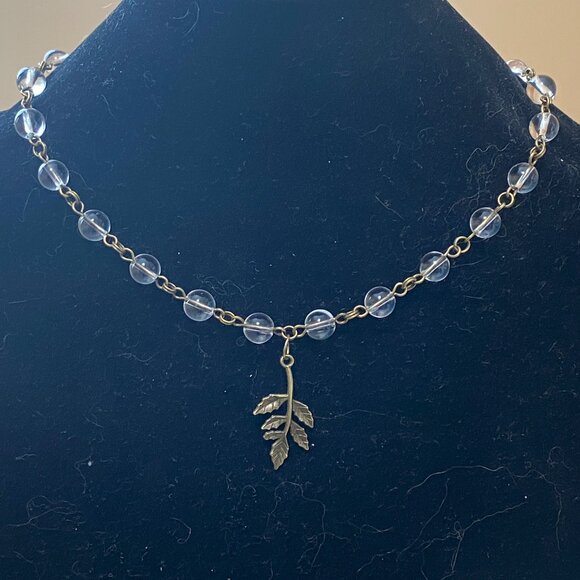 Genuine Clear Quartz Short Necklace, Bronze Leaf Branch + Natural Gemstone - Picture 3 of 16